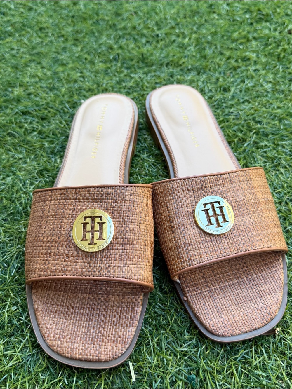 Tommy Hilfiger Tan Woven Slide Sandals with Gold Logo Medallions